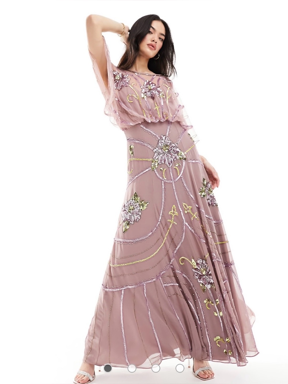 ASOS DESIGN Embellished Batwing  Maxi Dress with Floral art work in Pink